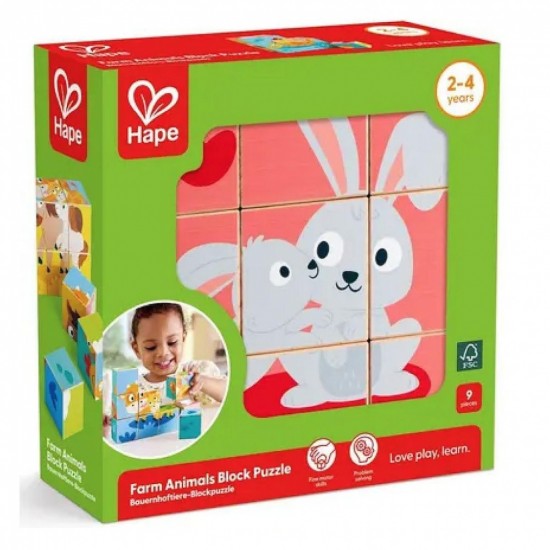 Пъзел с кубчета, Hape, Ферма, 9 части