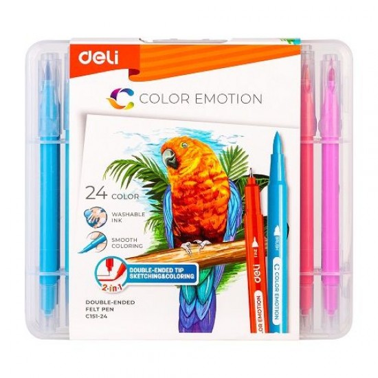 Флумастери Deli Color Emotion EC151-24 24 цвята, двувърхи-четка и тънкописец, в PP кутия