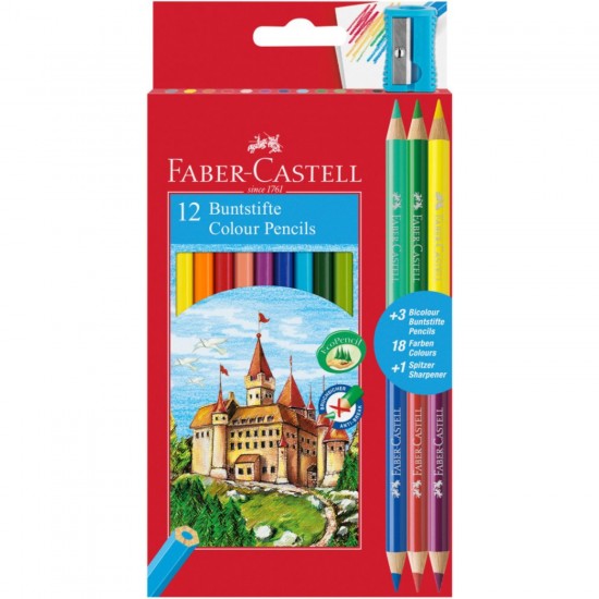 Цветни моливи Faber-Castell Castle, шестоъгълни, 12 + 6 цвята, подарък острилка