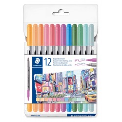 Флумастeри Staedtler 3200, двувърхи, 12 цвята, ПАСТЕЛНИ